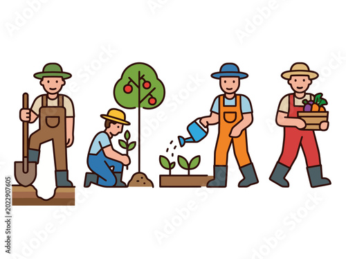 Photos This image illustrates happy farmers tending to their crops, highlighting the importance of agriculture, hard work, and nurturing nature for sustainable living