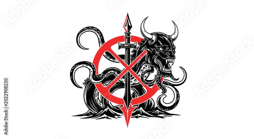Foto Demonic Serpent Creature with Horns and Tentacles, Sword and Symbol