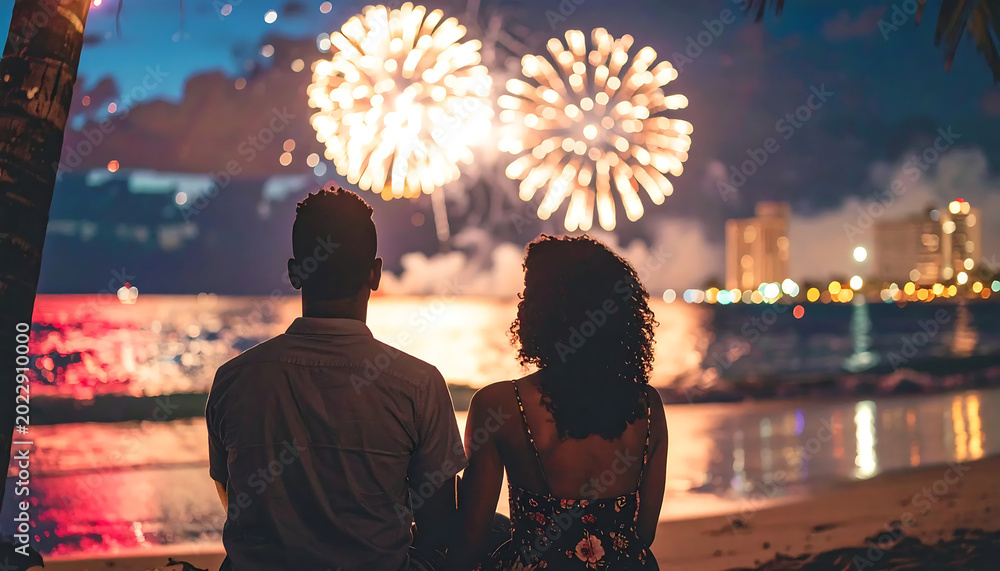 Obraz premium Couple watching vibrant 5_phkxji_5 fireworks display on beach at night