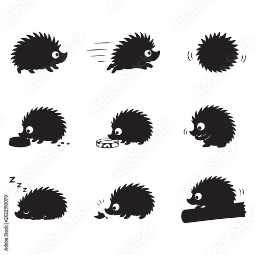 Cute Hedgehog Silhouette Collection with Different Activities and Animal Behavior Illustration