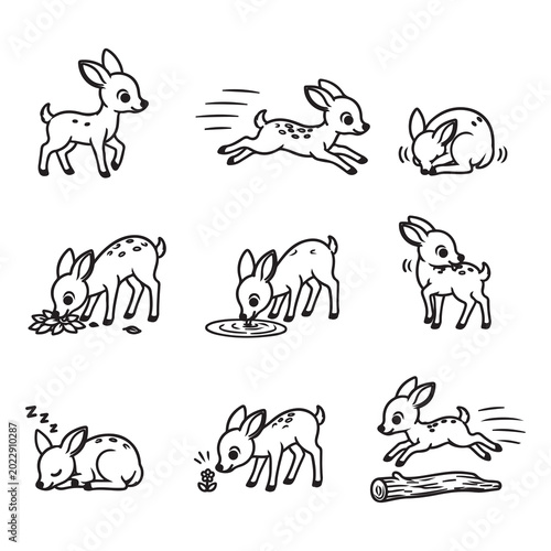 Cute Deer Silhouette Collection with Different Activities and Forest Animal Behavior Illustration
