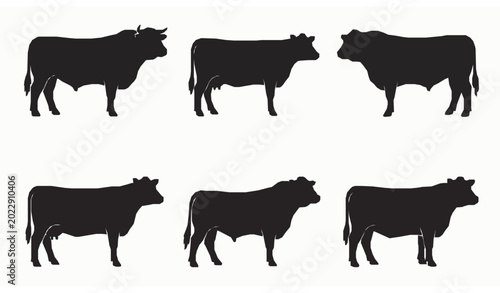 Foto Black Beef Livestock Silhouettes Vector Set with Cow and Bull Farm Animal Shapes