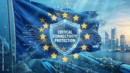 European flag with shield and circuits represents critical connectivity protection in a futuristic cityscape at dusk with cables.