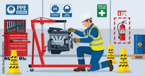Canvastavla Industrial workshop mechanic repairing engine on hoist crane wearing protective