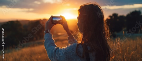 Woman taking photo of sunset with smartphone