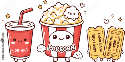 Bild auf Leinwand Kawaii snack illustration featuring soda, popcorn, and movie tickets, for a fun, playful food-and-cinema design