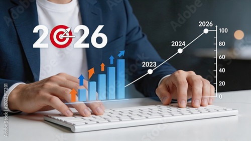 Business growth chart targeting year 2026, financial success strategy and upward trend analysis with keyboard typing hands in foreground