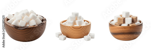 Foto White and Brown Sugar Cubes in Wooden Bowls Isolated on White Background - Sweet
