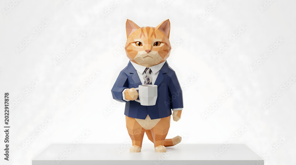 Obraz premium Orange tabby cat in suit holding coffee mug
