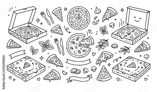 Hand drawn pizza box vector illustration set cute Italian food doodles