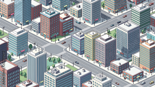 Bilde på lerret isometric cityscape with modern buildings streets cars and green trees in urban