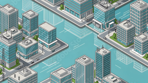 Tableau sur toile isometric cityscape blue buildings waterways roads urban modern architecture lan