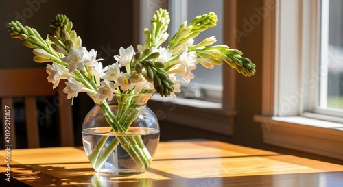 white flowers in glass vase on wooden table by window