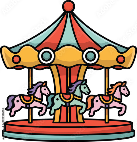 Brightly colored carousel with three horses in motion during a sunny day ideal for amusement park promotions