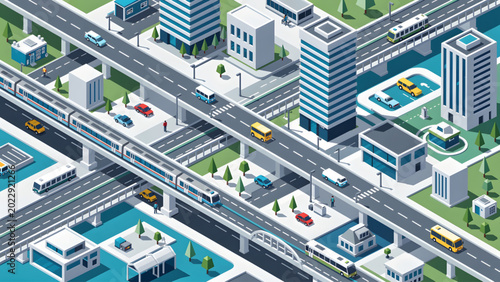 Foto isometric cityscape with blue buildings roads train cars and green trees urban i