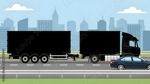 Tableau sur toile black long truck with trailer and blue car driving on city highway with skyscrap