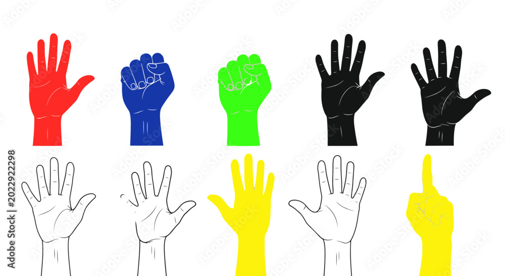 Fototapeta premium Diverse Hands Raised, Different Colors and Gestures, Teamwork Concept