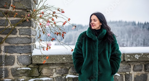 Woman in green coat standing by snowy stone wall