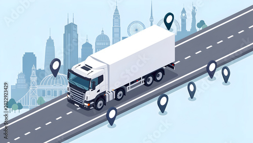 Photos white delivery truck on city road with location pins and skyline background