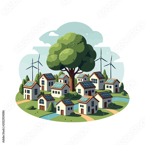 Sustainable houses with solar panels.