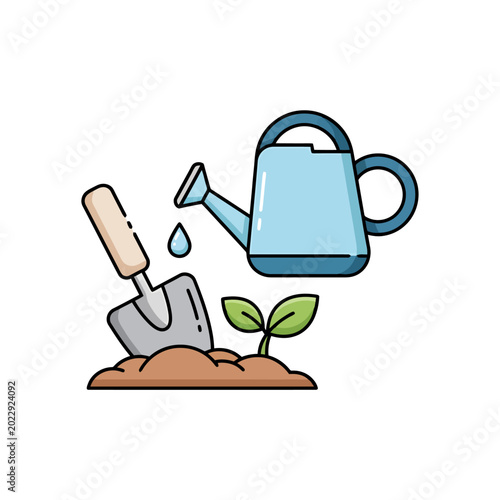 Trowel and watering can gardening tools.