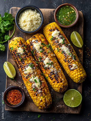 Grilled mexican street corn elote with lime and seasoning