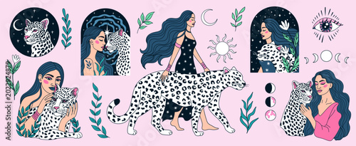 Magical woman with mystical celestial cheetah. Sacred feminine wild energy. Inner harmony, self-acceptance, and connection with nature