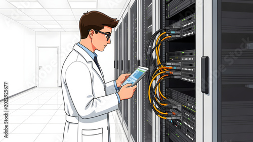 Tablou pe pânză technician in white coat checking server racks with network cables in modern dat