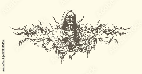 Foto Dark vintage illustration of a grim reaper figure with skeleton illustration mys