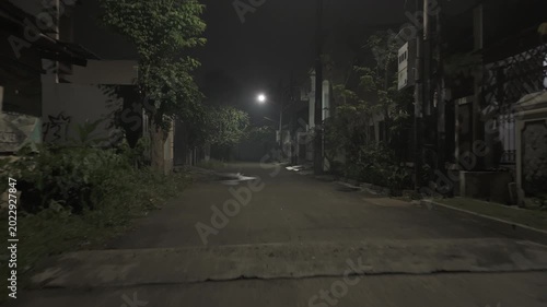 A quiet street in a residential area at night under dim streetlights with trees and houses