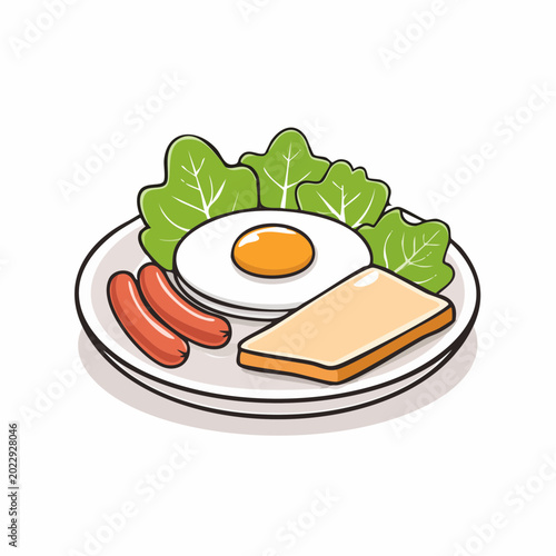 Cartoon Breakfast Plate with Fried Egg, Sausages, Toast, and Salad