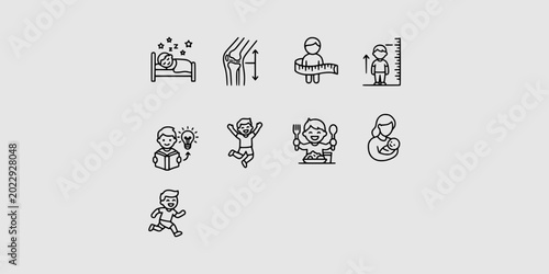Bild auf Leinwand Icon set collection of child development milestones highlighting healthy growth, height measurement, learning, sleeping, nutrition, and active childhood play
