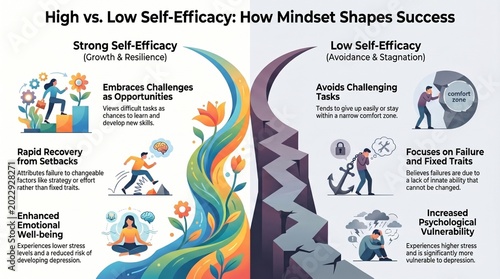 High vs. Low Self-Efficacy Infographic: Growth Mindset vs. Fixed Mindset Mental Health Illustration