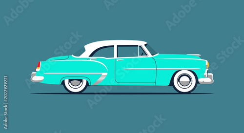 Cuadro en lienzo Retro Turquoise and White Classic American Car, Vintage Automobile Illustration