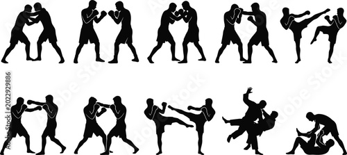 Foto Martial Arts and Boxing Silhouette Collection with Fighters Sparring Kicking Pun
