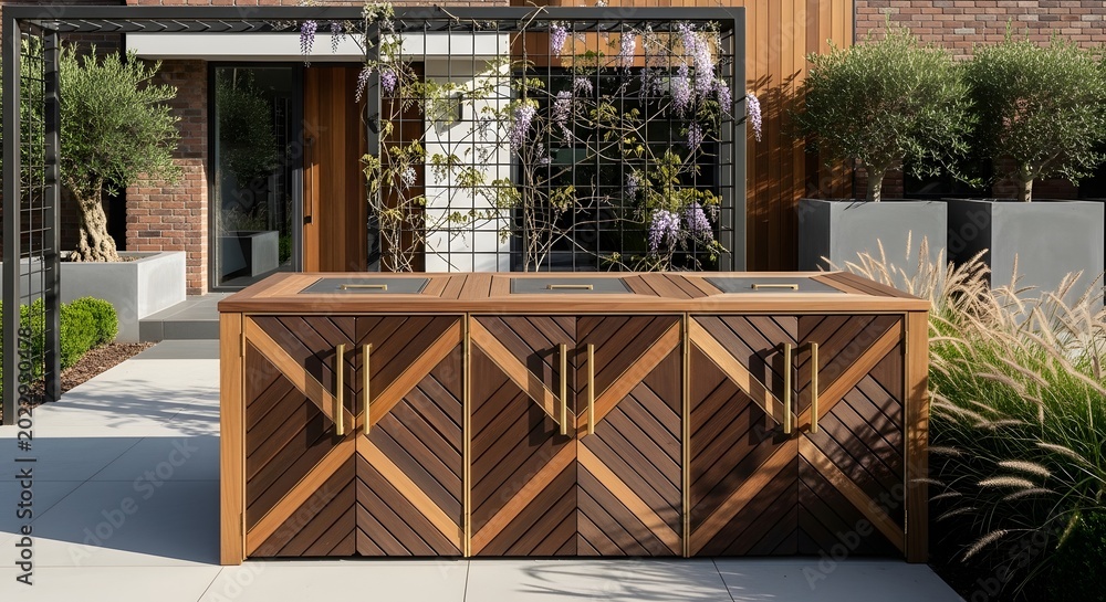 Fototapeta premium A stylish outdoor wooden cabinet with geometric patterns and brass handles, set against a modern garden backdrop with lush plants and a building.