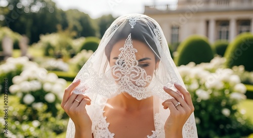 Elegant Bride in Lace Veil, Wedding Day Portrait in Garden