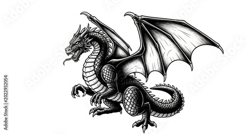 Bild auf Leinwand Detailed Black and White Illustration of a Dragon.