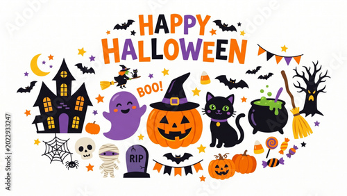Happy Halloween element set with pumpkin ghost witch hat and cat vector