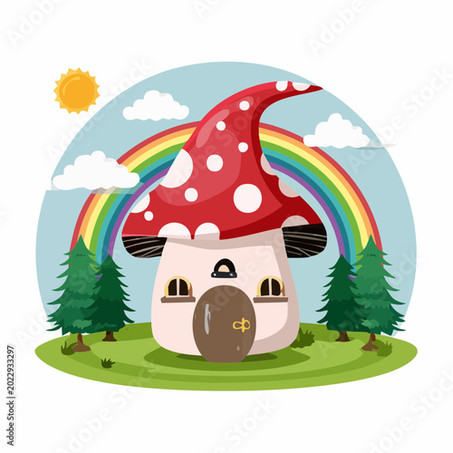 Whimsical Mushroom House with Rainbow and Sun
