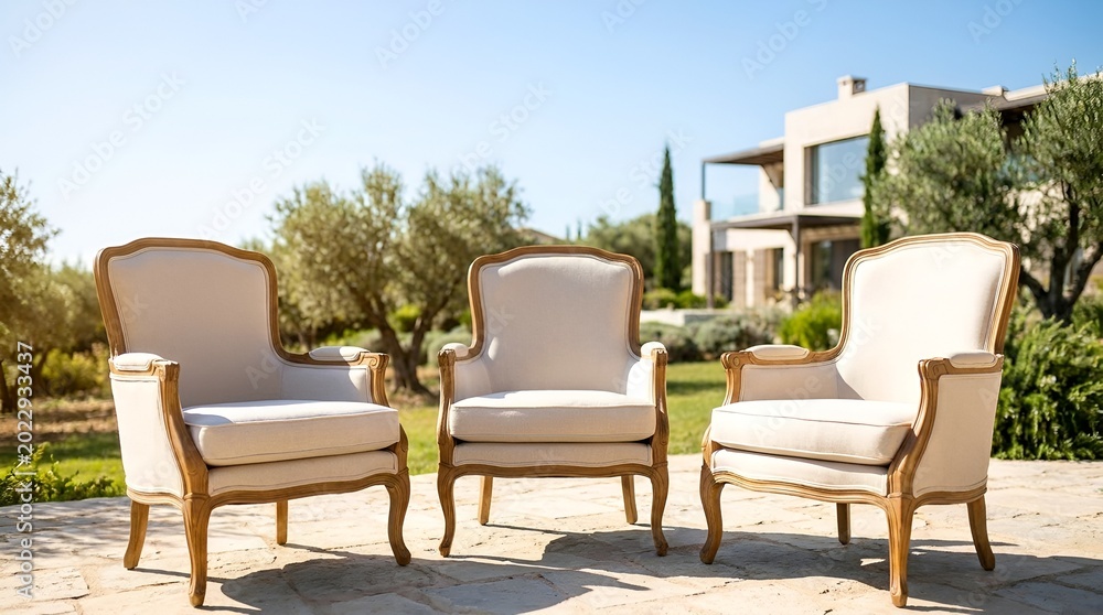 Obraz premium Three elegant armchairs on a patio with a modern villa and olive trees in the background.