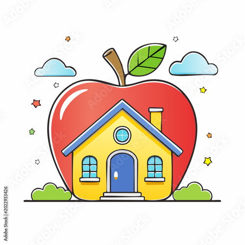 Cartoon House Inside a Red Apple with Clouds and Stars