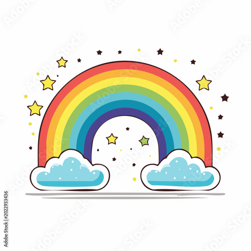Cartoon Rainbow with Clouds and Stars
