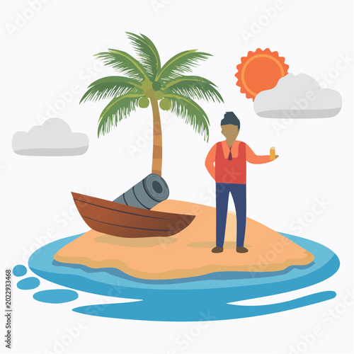 Castaway on a Tropical Island with Cannon and Boat