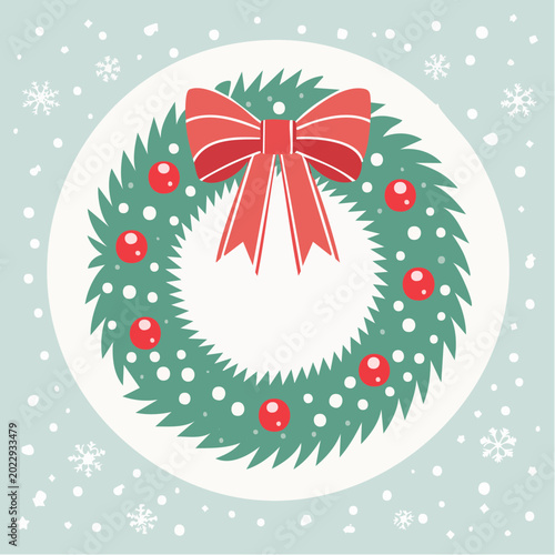 Christmas Wreath with Red Bow and Ornaments