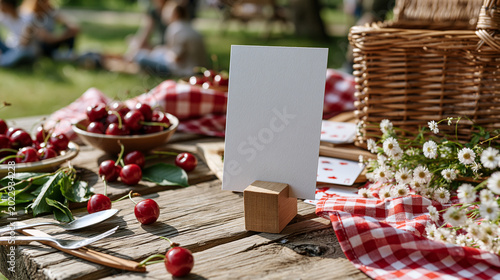 Outdoor Picnic Card Mockup with Red Cherries Daisies and Checkered Cloth