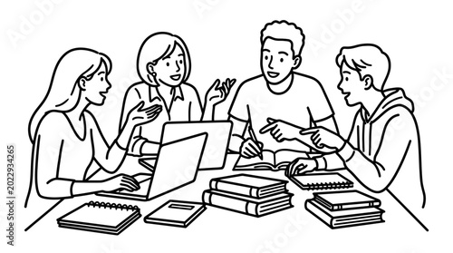 Four people sitting at table studying.