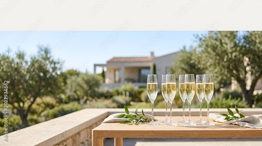 Fototapeta premium Champagne Flutes on Table with Mediterranean Villa and Olive Trees