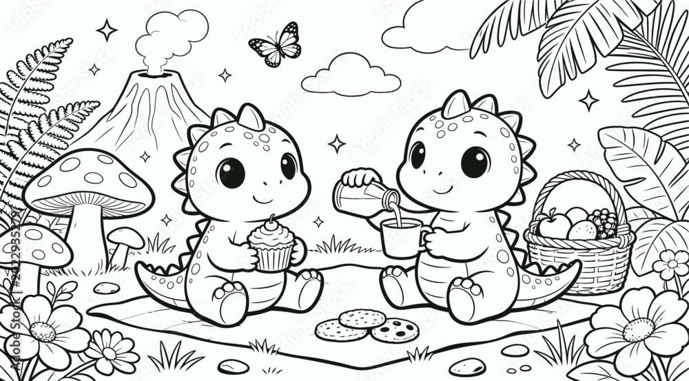 Fototapeta premium Cute Baby Dinosaurs Having a Picnic in Prehistoric Nature Coloring Page for Kids Activity Book
