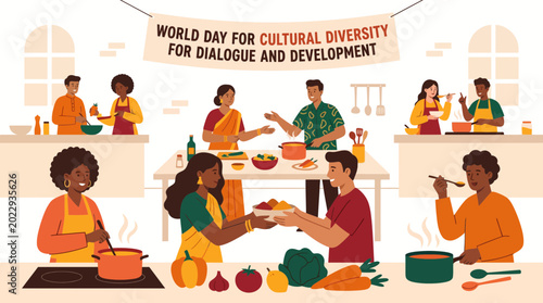 Diverse People Cooking and Sharing Food for Cultural Diversity Day